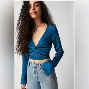 Free People Miraya Twist Front Cropped Silky Top in Corsair Blue Size XS NWT